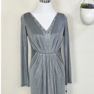ADRIANNA PAPELL Women's 6 Silver Metallic Foiled Long Jersey Dress Formal Beaded